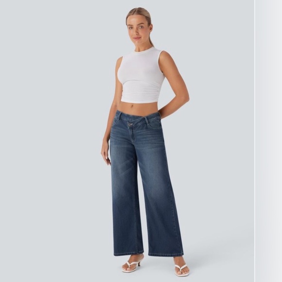 HALARA Denim - HALARA Asymmetric Dark Blue Stretch Denim Wide Leg Jeans Women’s XL Reg NWT